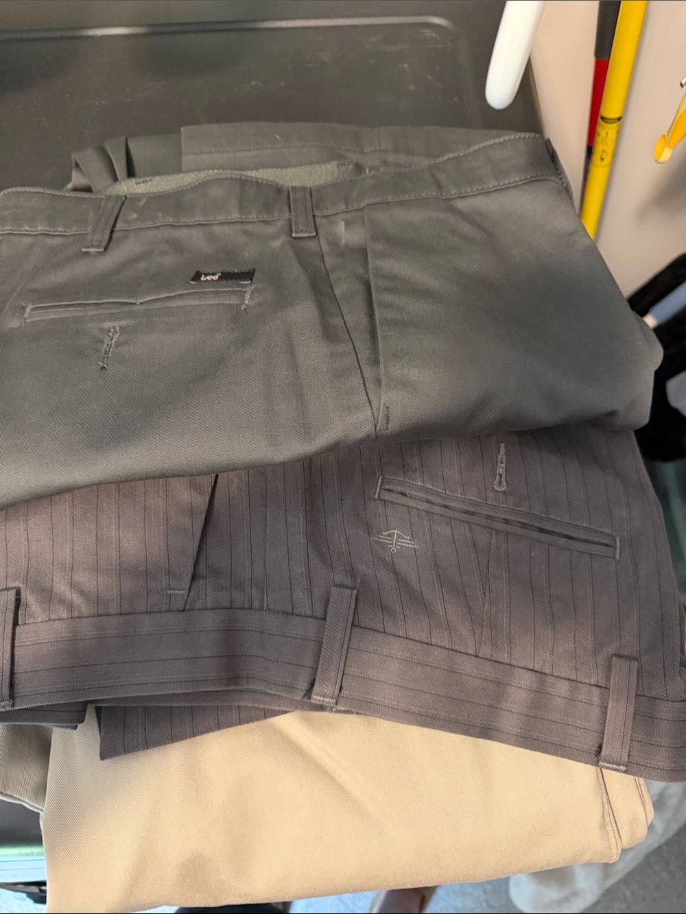 Bundle of 3 pairs of flat front business casual chinos.